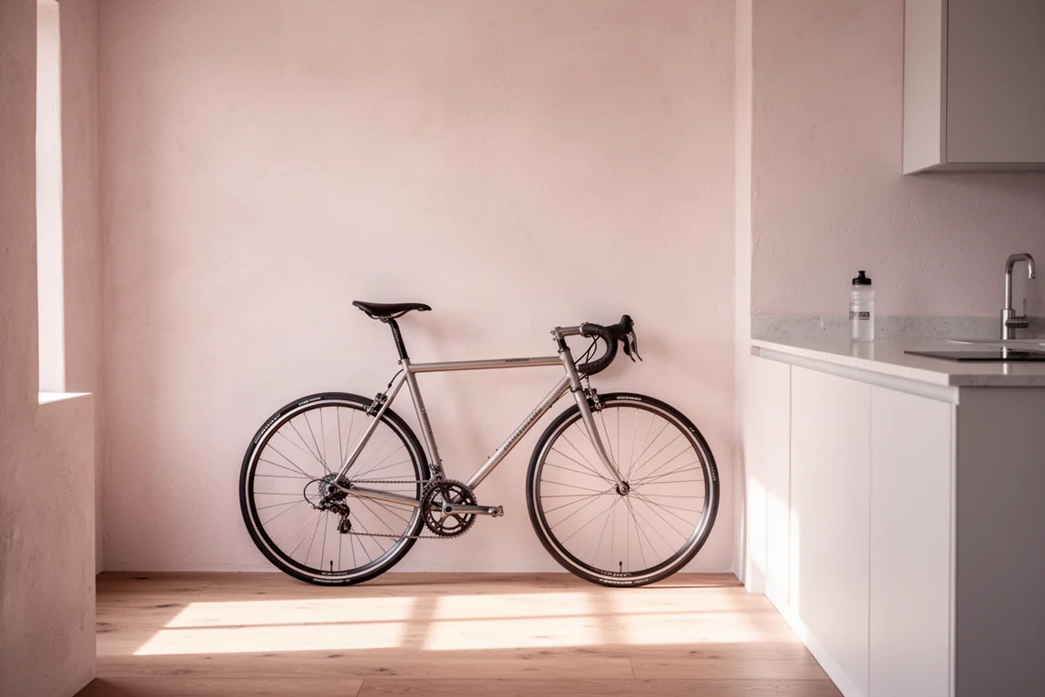 Rosa Aluminium-Rennrad lehnt an einer hellen Küchenwand im Morgenlicht