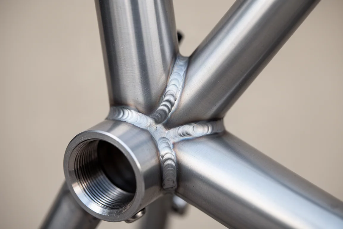 Nahaufnahme der geschweißten Aluminium-Rohrverbindungen am Oberrohr und Sitzrohr eines Rennrads