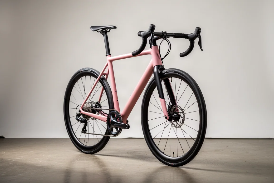 Soft pink aluminium road bike with deep-section wheels photographed on a neutral grey backdrop