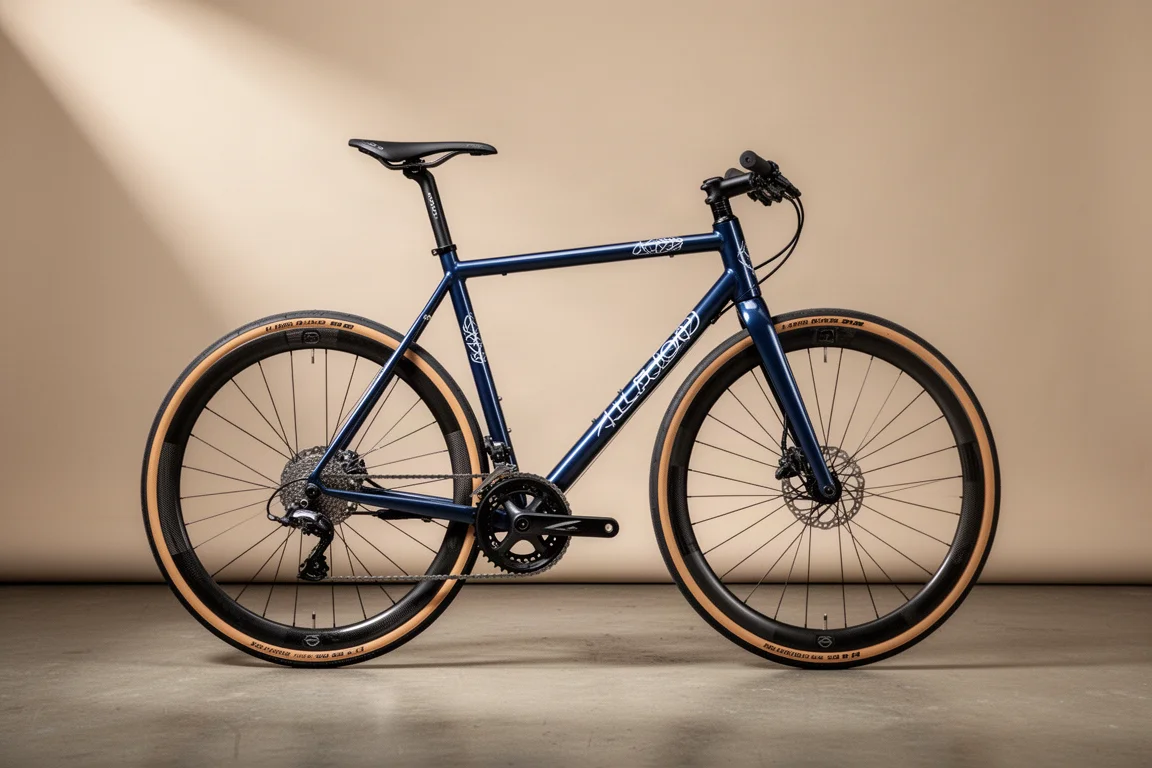 Classic steel allroad road bike in profile on a matte concrete floor