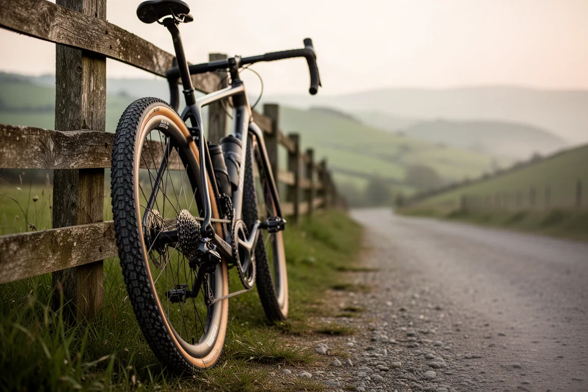 Road bike leaning against a wooden fence on a gravel roadside with green hills behind