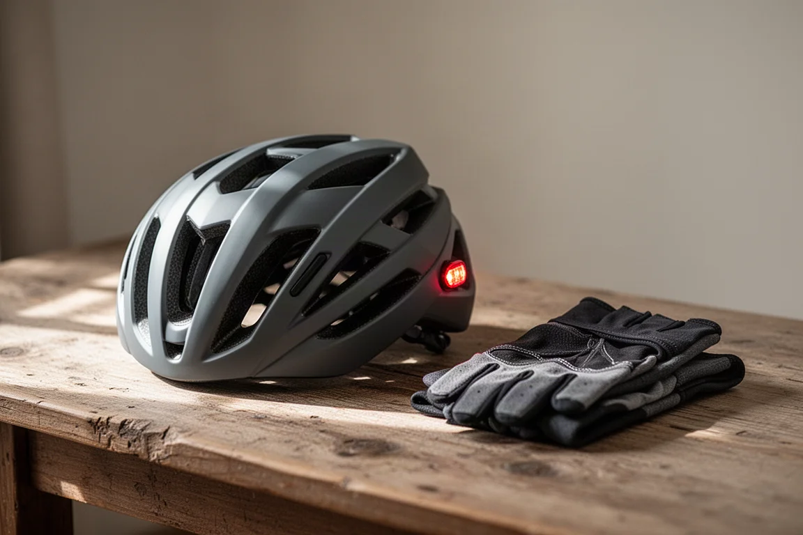 Vented cycling helmet resting on a wooden table beside gloves in indoor window light