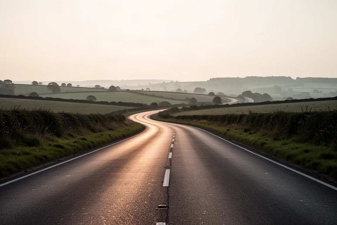 Empty tarmac road curving through rolling countryside at dusk in warm light