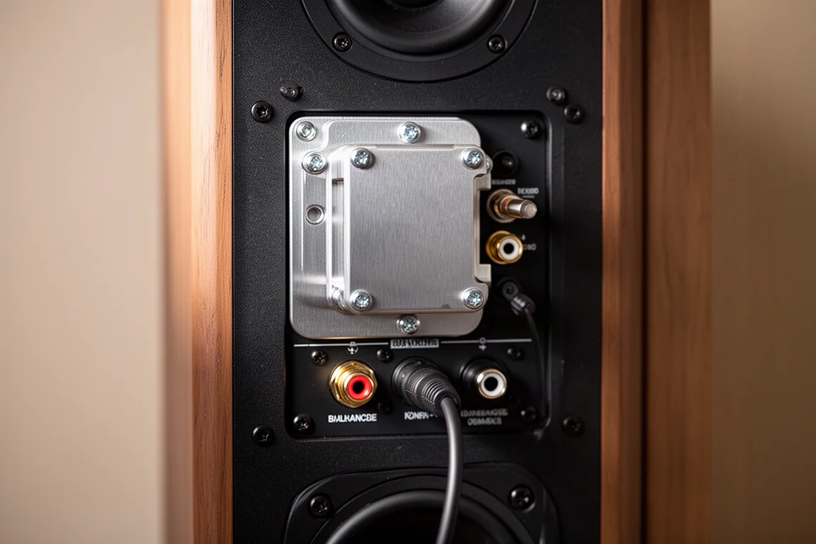 Pannello posteriore di un monitor da studio attivo con modulo amplificatore avvitato e ingressi