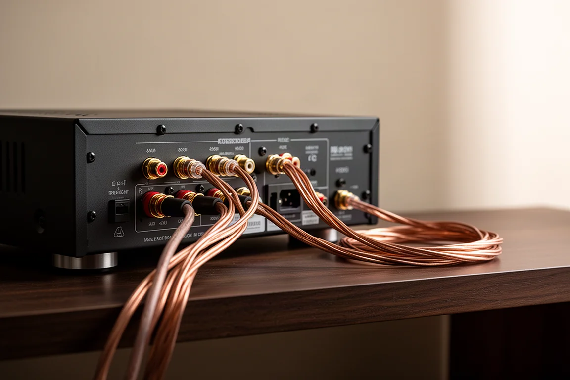 Cavi dei diffusori collegati ai morsetti sul retro di un amplificatore stereo