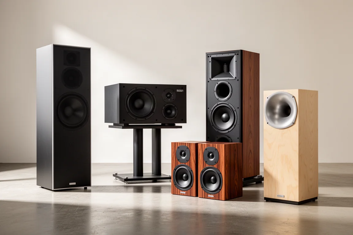 Five high-end stereo speaker designs grouped on a matte concrete floor