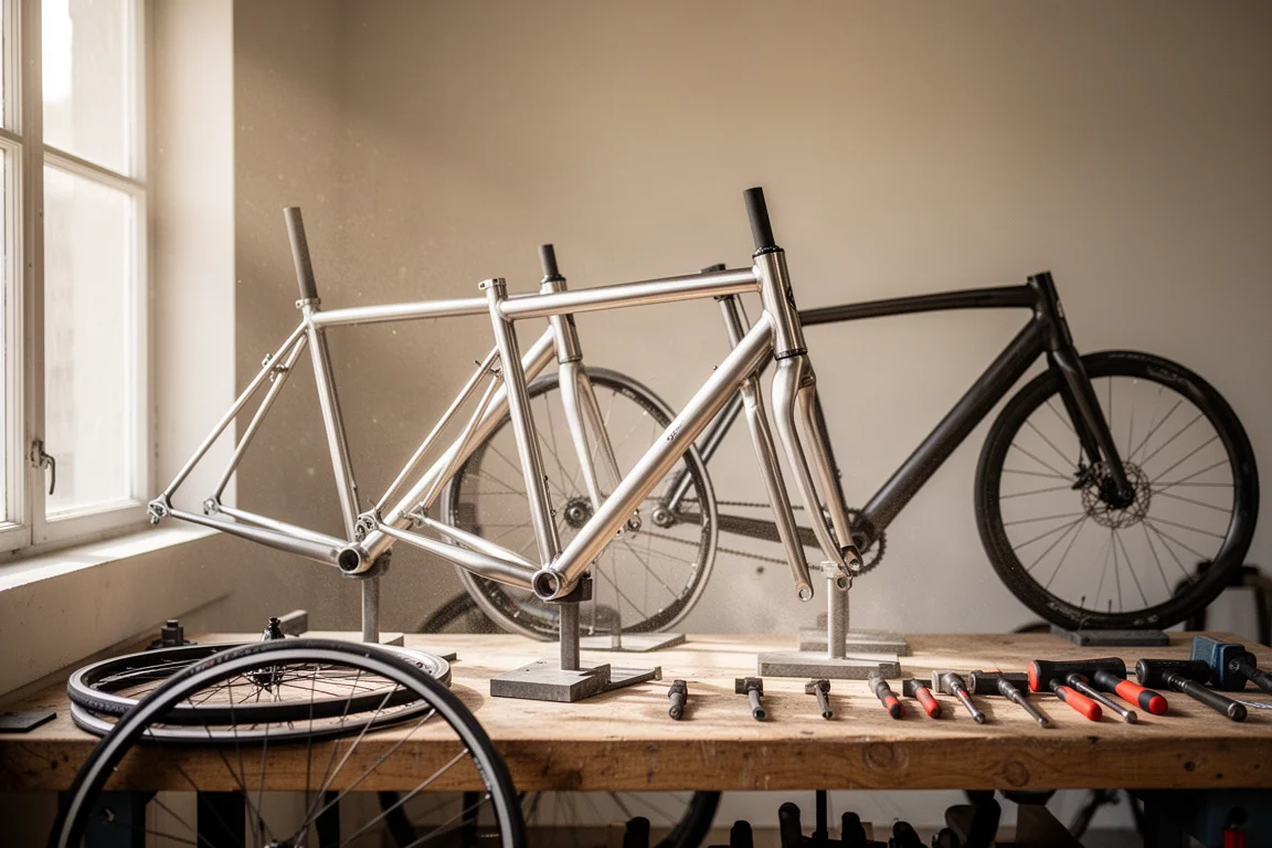Officina per biciclette con telai in acciaio, titanio e carbonio appoggiati su supporti