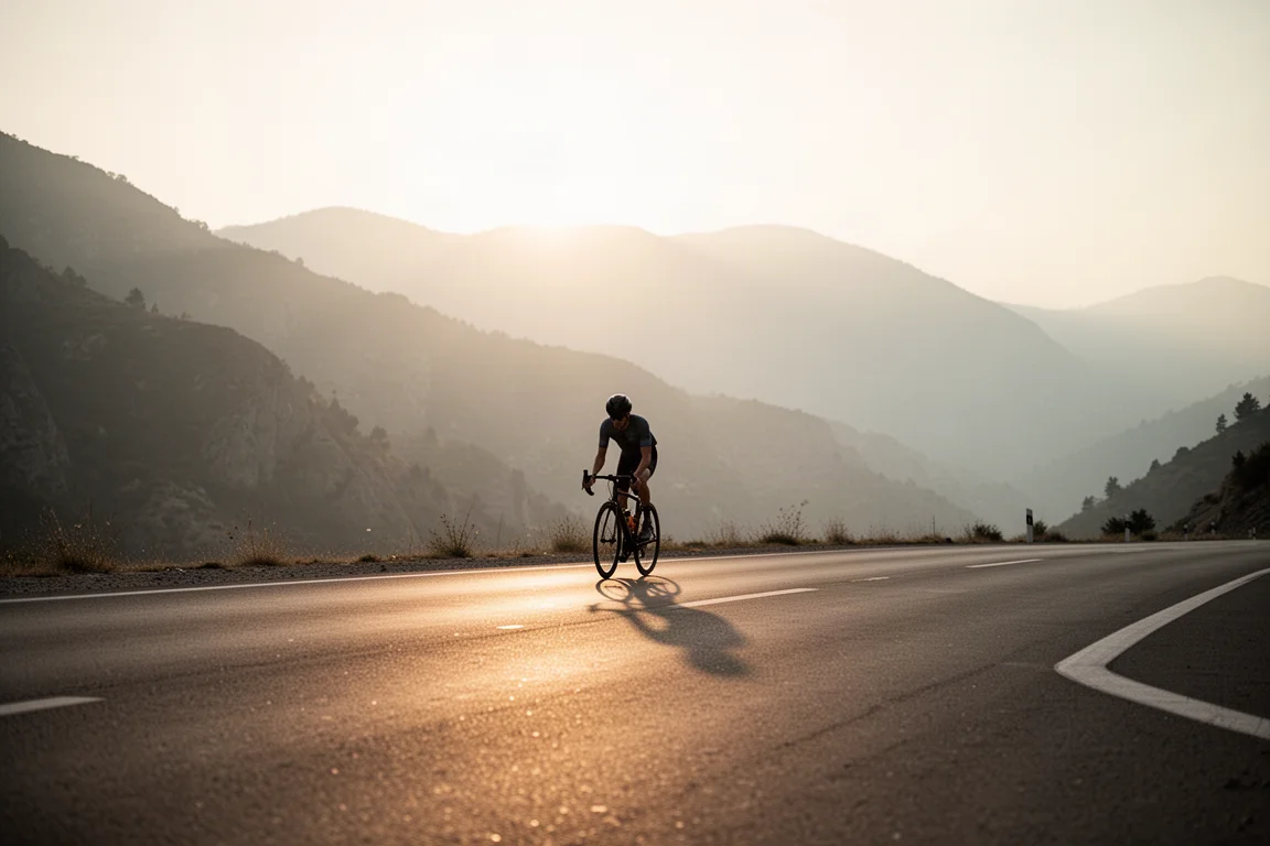 Ciclista su una strada di montagna deserta all'alba in una luce dorata bassa