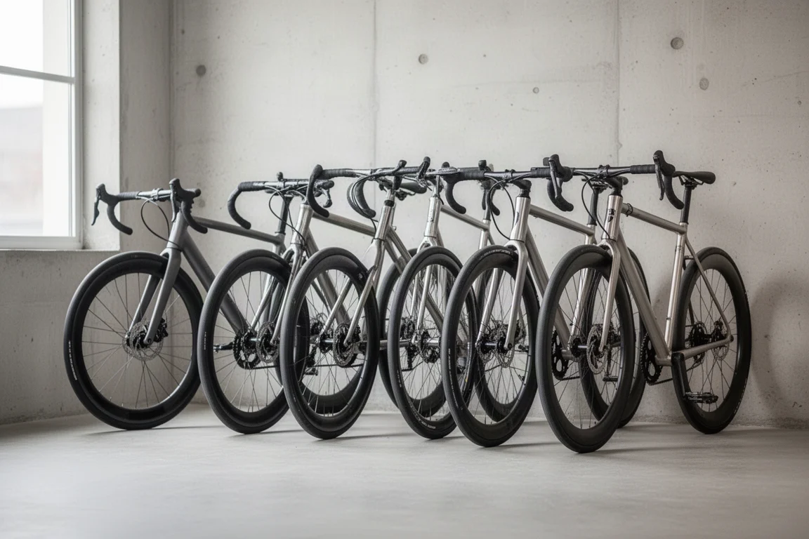 Rangée de vélos de route modernes alignés dans un atelier lumineux