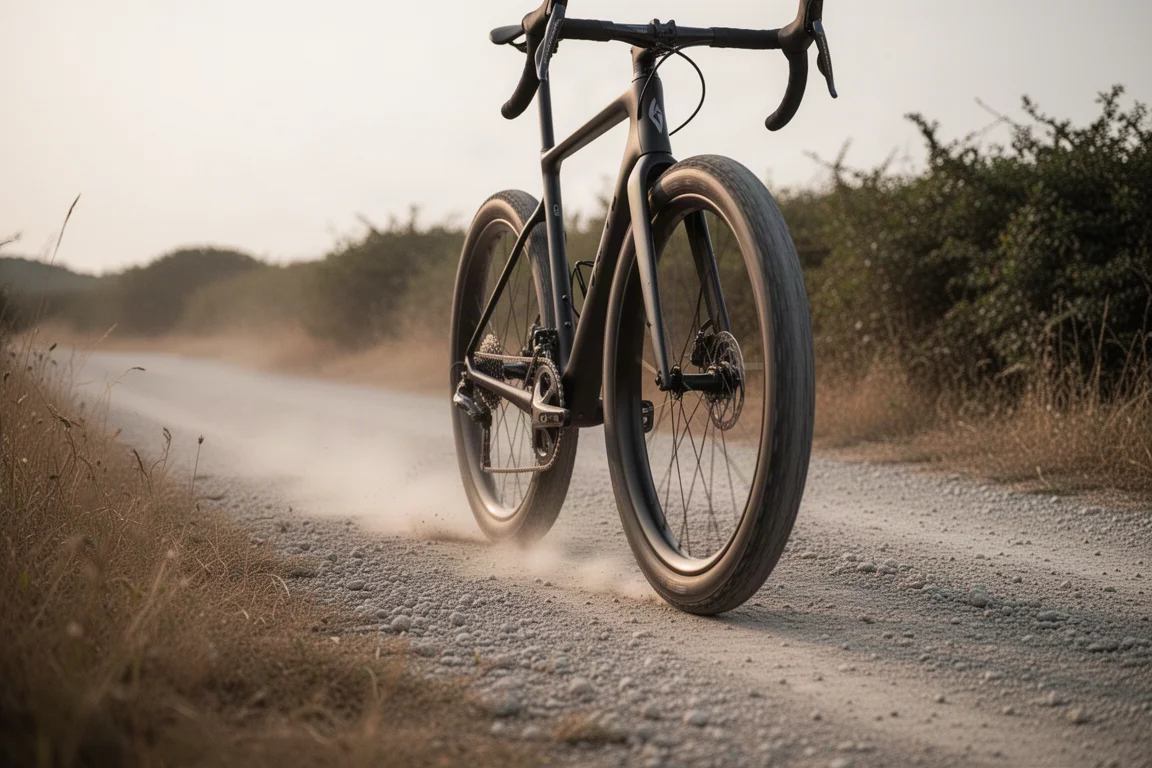 Pneus larges sur un vélo de route roulant sur une route de gravier damée