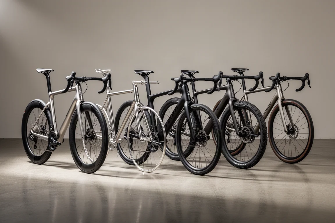 Cinq vélos de route modernes alignés sur un sol en béton poli en studio