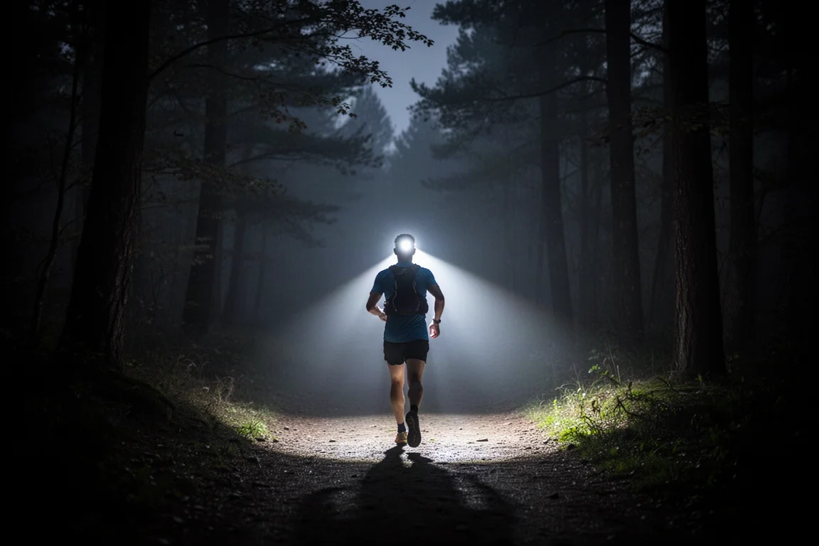 Trail runner wearing a bright head torch on a dark forest path at night