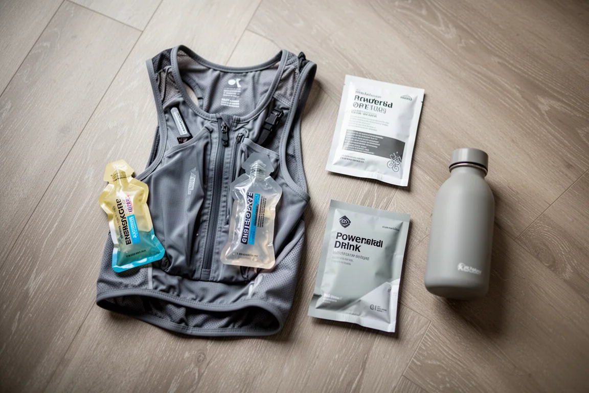 Compact running shoe and gel sachets laid out next to a trail pack