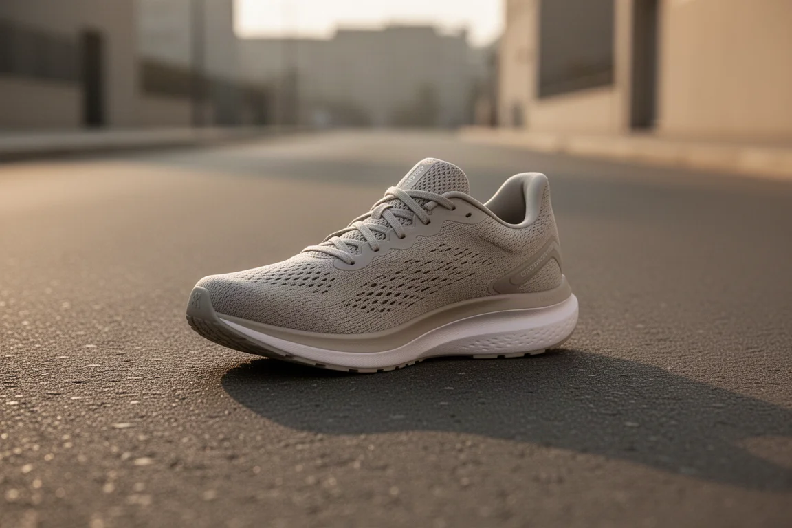 Lightweight running shoe on a road in soft evening light