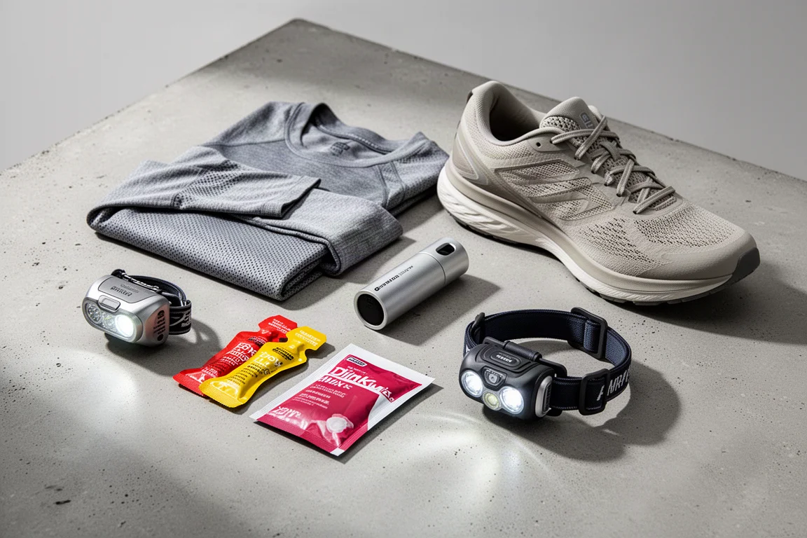 Six running products arranged on a concrete surface including head torches, base layer, whistle, gels, and a running shoe