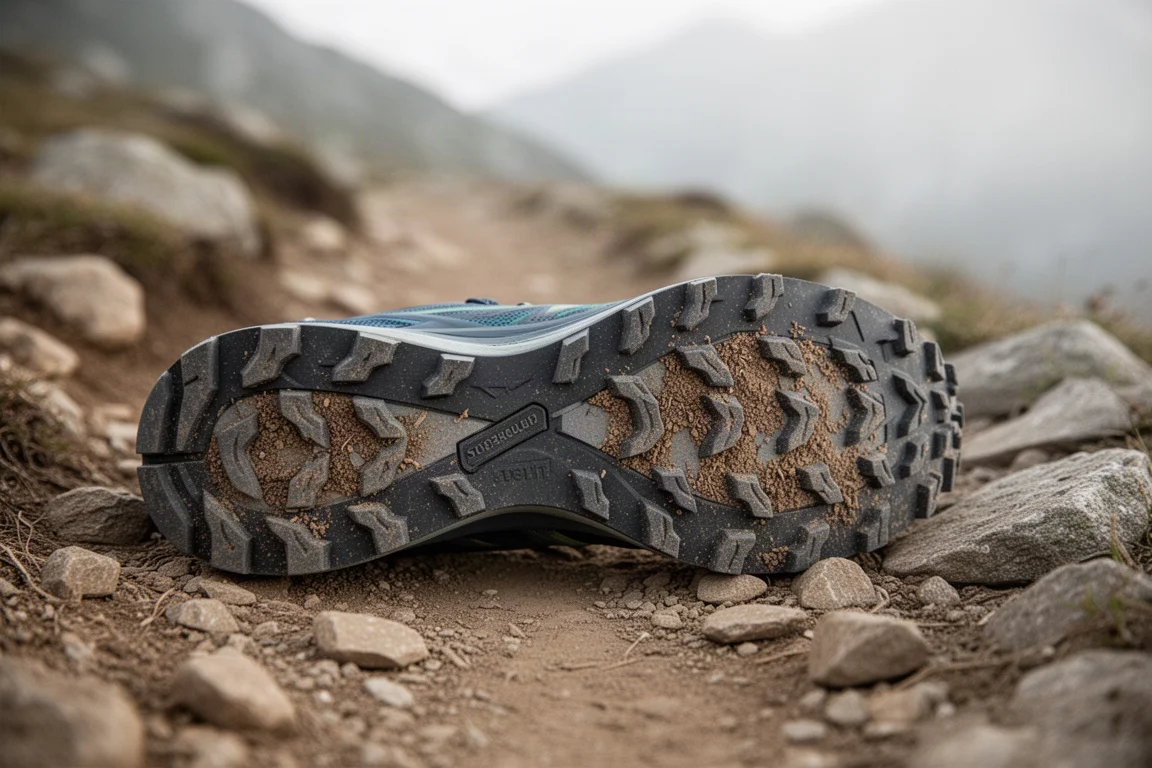 Suela de una zapatilla de trail con tacos gruesos apoyada en un sendero rocoso