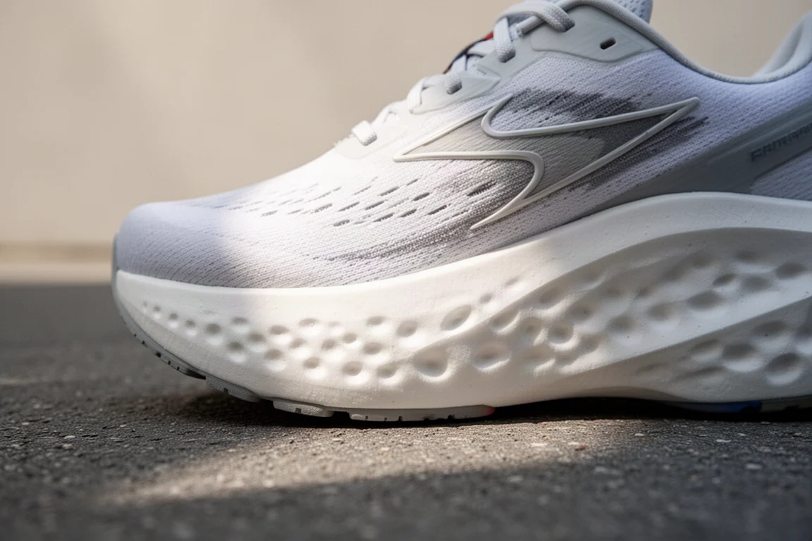 Primer plano de la mediasuela acolchada de una zapatilla de running de carretera