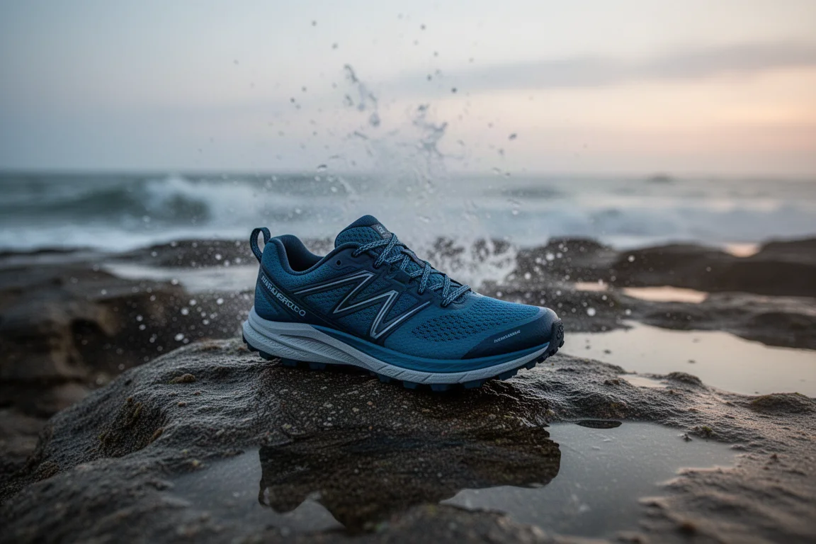 Una zapatilla de trail sobre una roca junto al mar al atardecer