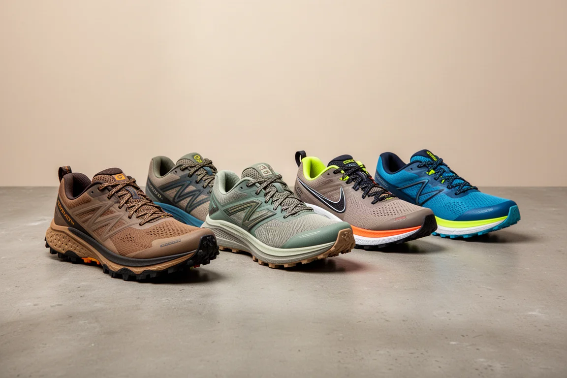 Six road and trail running shoes arranged in a row on a concrete surface