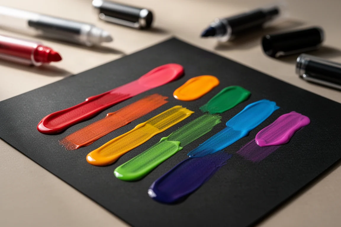 Muestras de tinta de bolígrafo de gel mate en colores vibrantes sobre papel oscuro