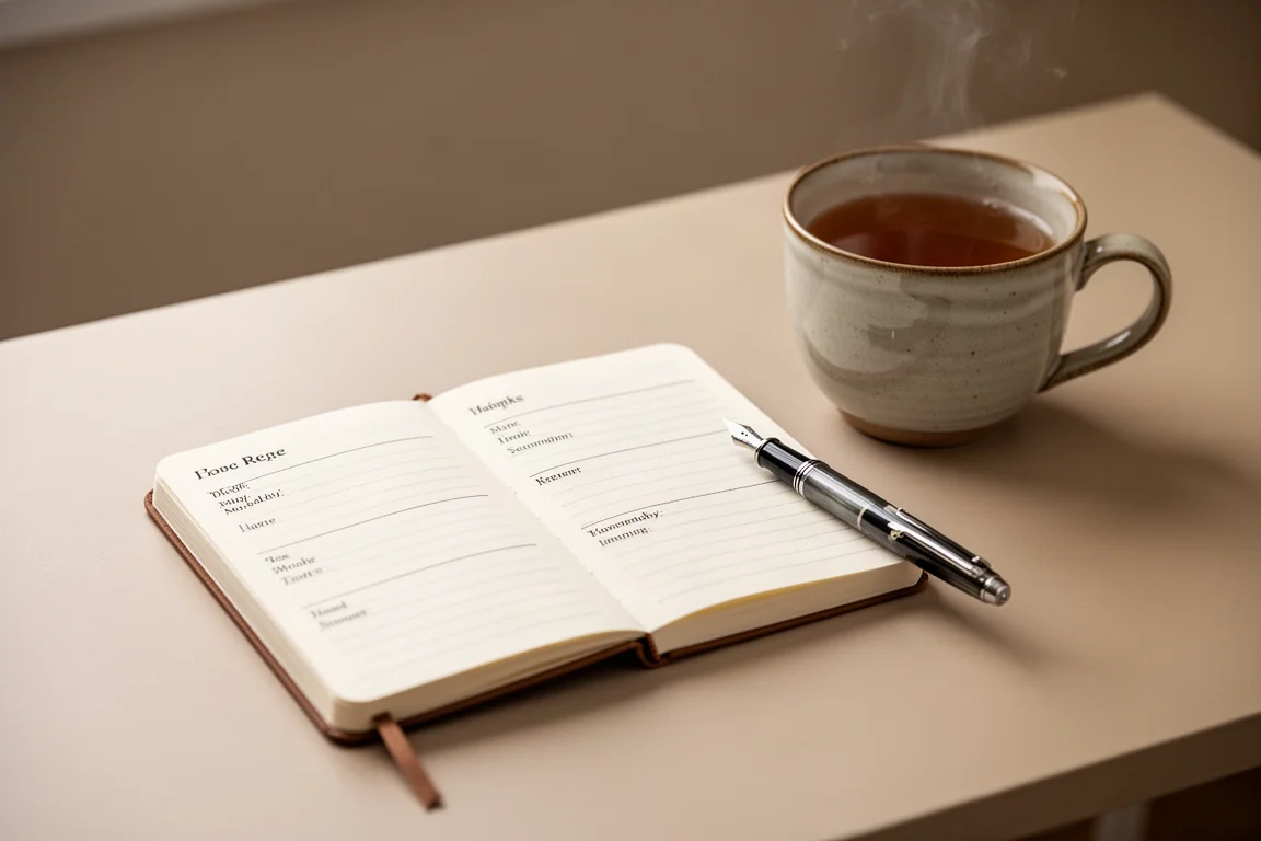 Una persona escribiendo una breve entrada de tres líneas en un diario compacto junto a una taza de café