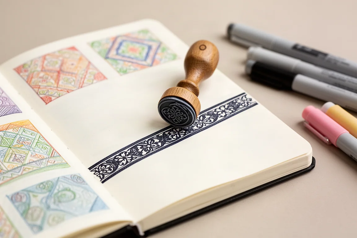 Sello de rodillo imprimiendo un patrón de borde repetido y adorable en una página de diario