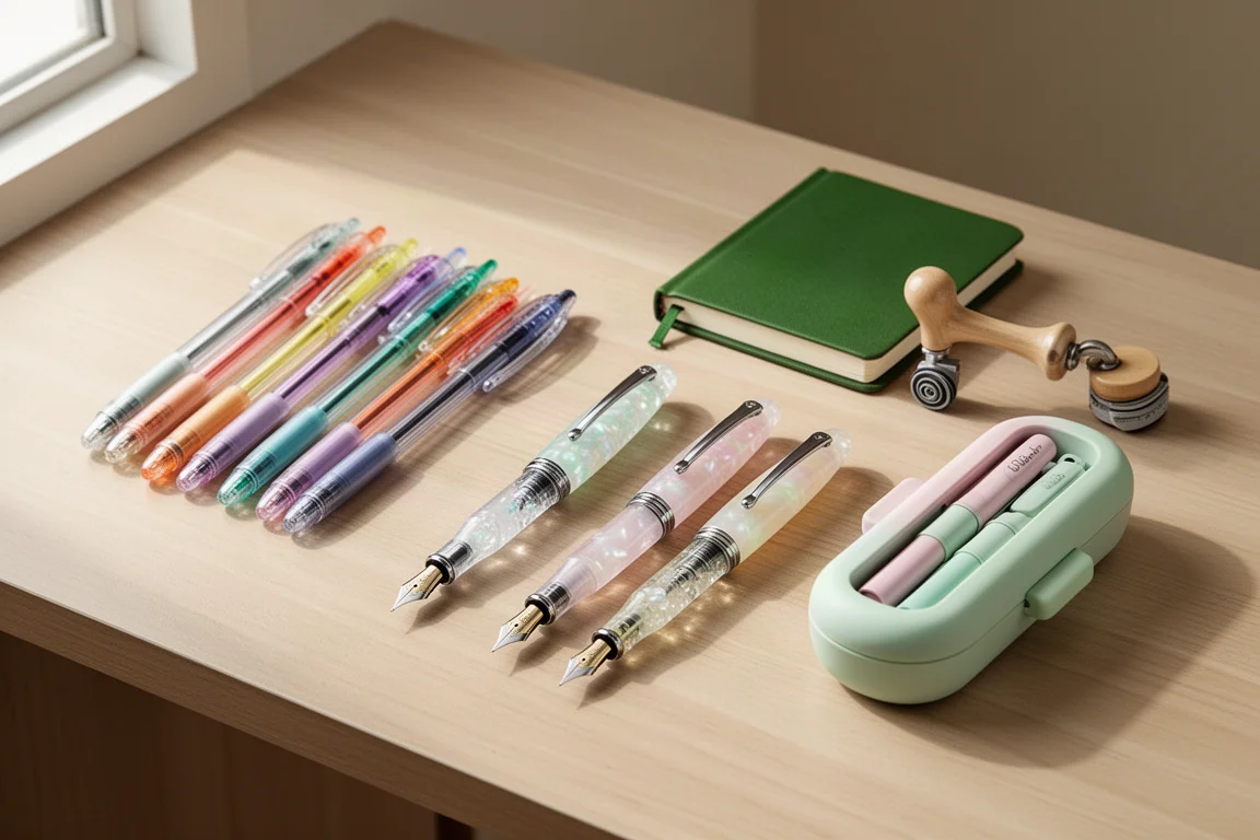 Flat arrangement of gel pens, fountain pens, a diary, a stamp, and a pen case on a wooden desk