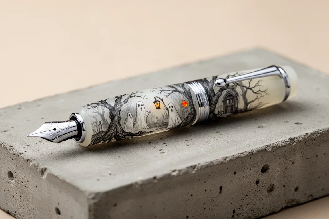 Stanford Pen Studio Haunted House fountain pen with monochrome graphite artwork on concrete