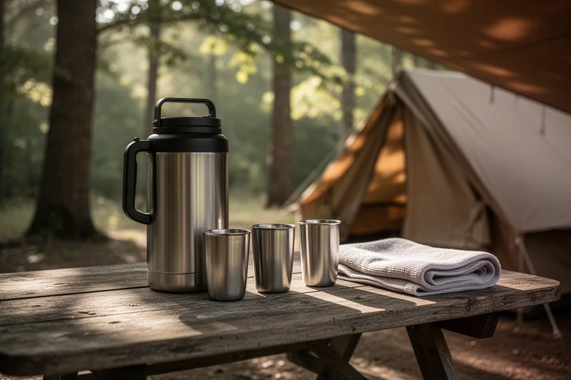 Insulated water jug and cups set out on a shaded campsite table
