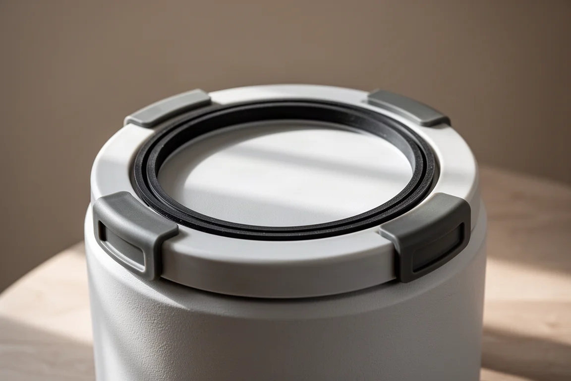 Close-up of a water jug lid showing the rubber gasket and latch tabs