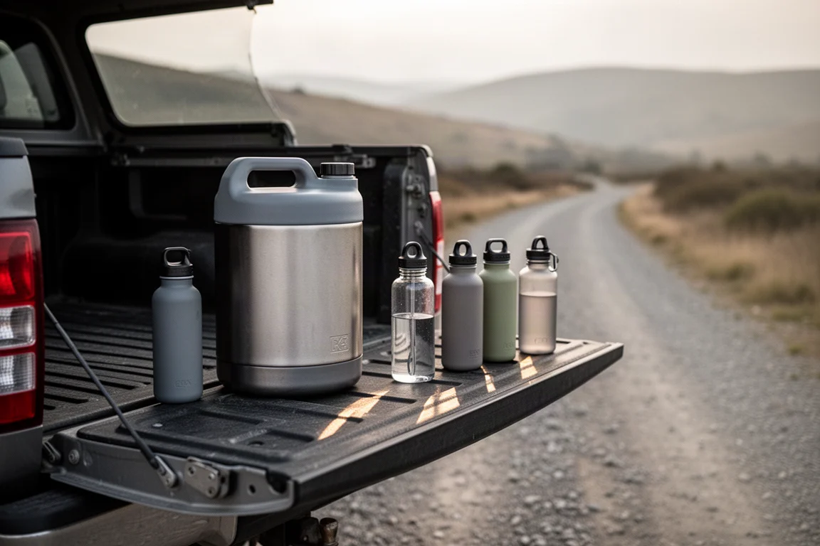 Insulated water jug on a pickup tailgate with reusable bottles nearby