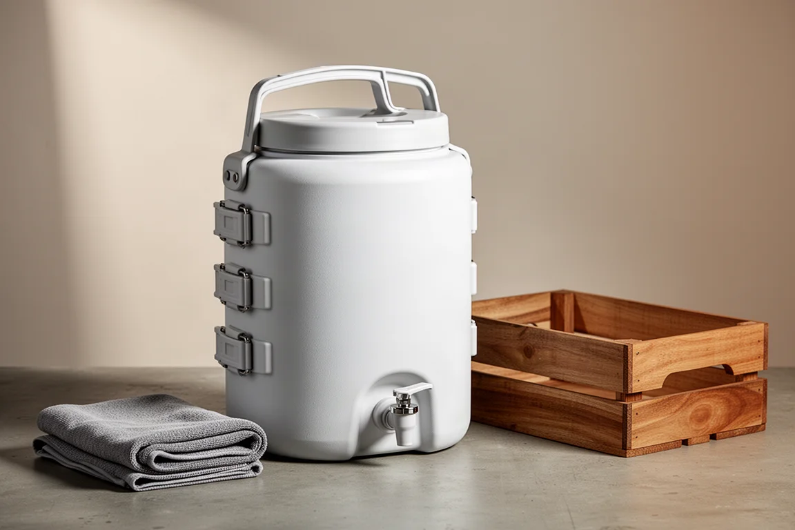 Large white insulated two-gallon water jug with lid, latches, and carry handle on concrete