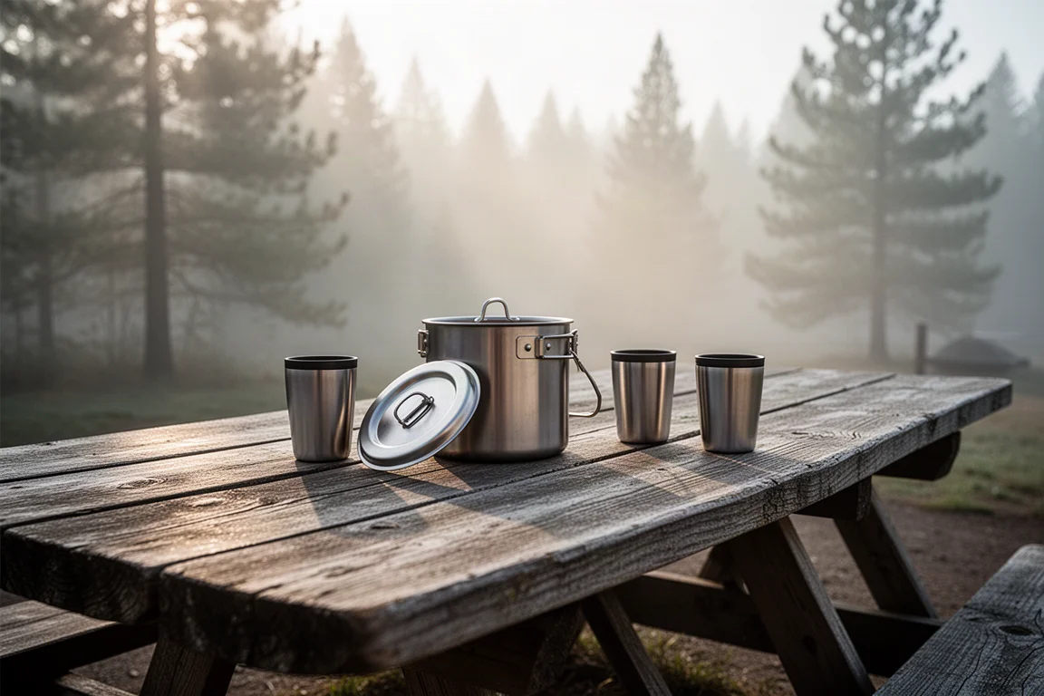 Escena de cocina de campamento al amanecer con una olla de acero inoxidable humeante en un hornillo pequeño junto a dos tazas