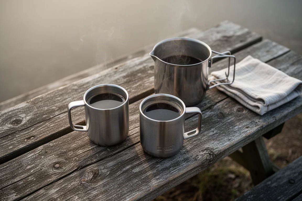 Primer plano de la tapa ventilada de una olla de acero inoxidable con un asa de bloqueo elevada en una olla de campamento