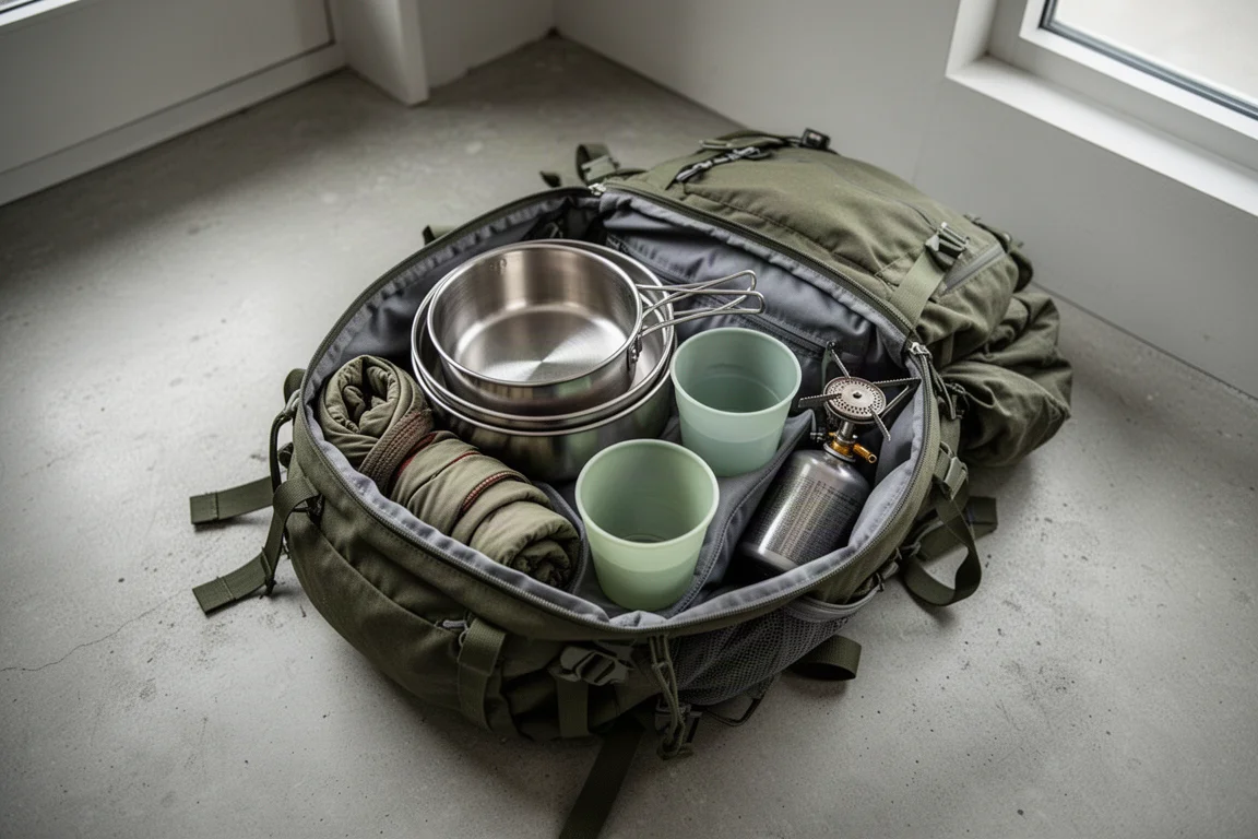 Kit de cocina de campamento encajado sobre una mesa de picnic de madera junto a un mapa doblado con luz de tarde