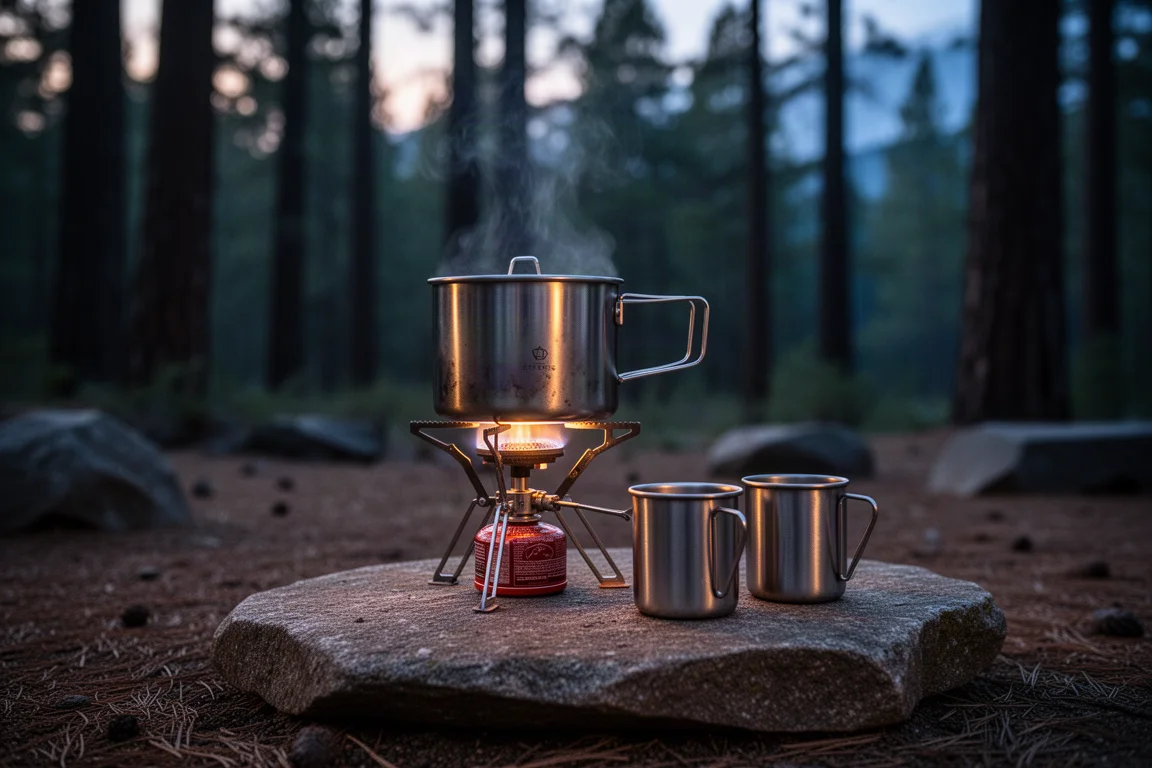 Zona de acampada al atardecer con una olla de acero inoxidable y dos tazas sobre una piedra plana