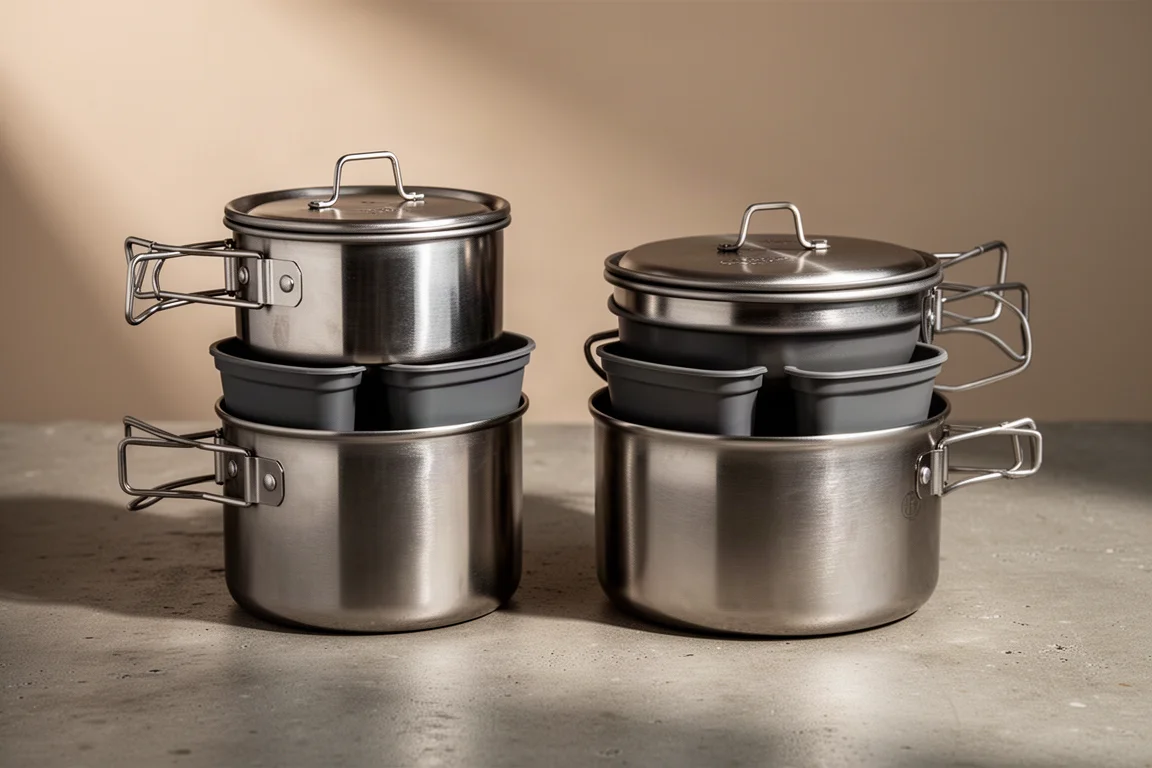 Two stainless steel Stanley camp cook sets side by side on a concrete surface