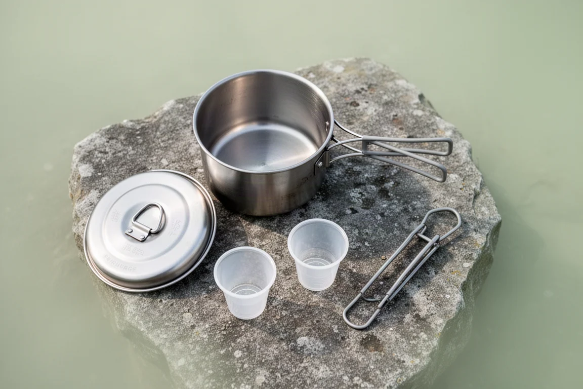 Vista cenital de una olla de camping de acero inoxidable, su tapa y dos tazas pequeñas sobre piedra gris
