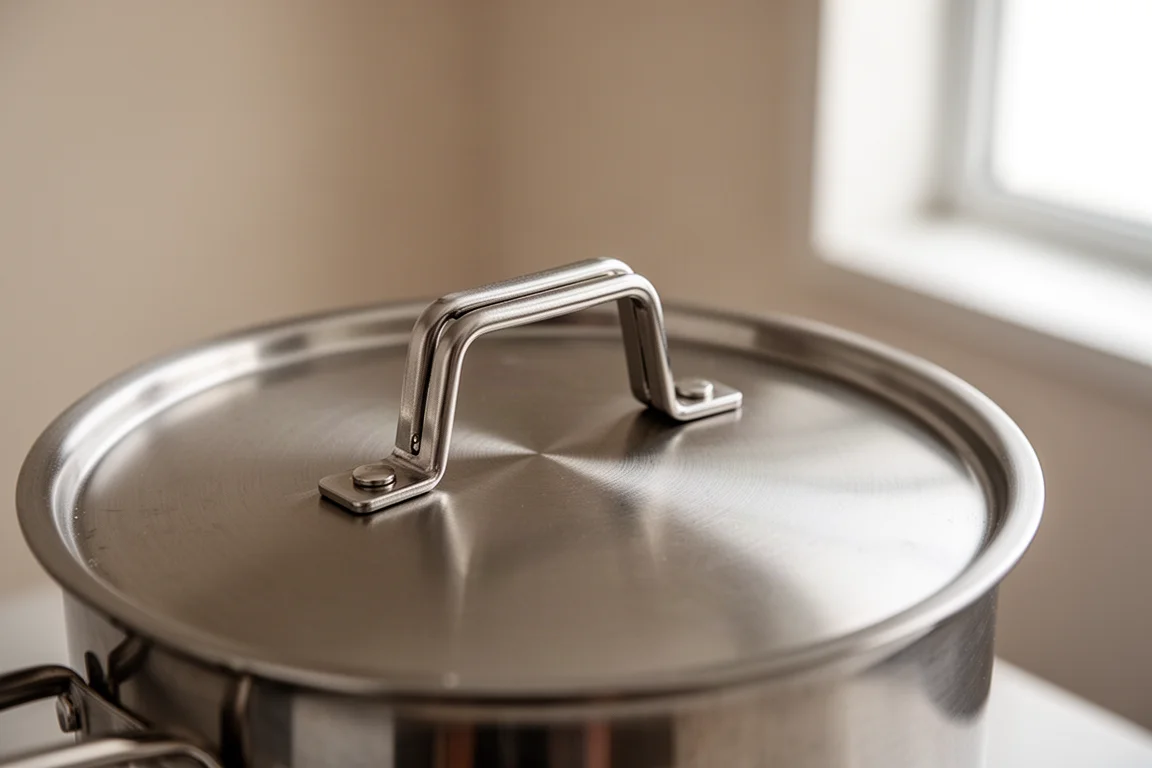 Primer plano de una lengüeta plegable de agarre metálica en la tapa de una olla de acero inoxidable