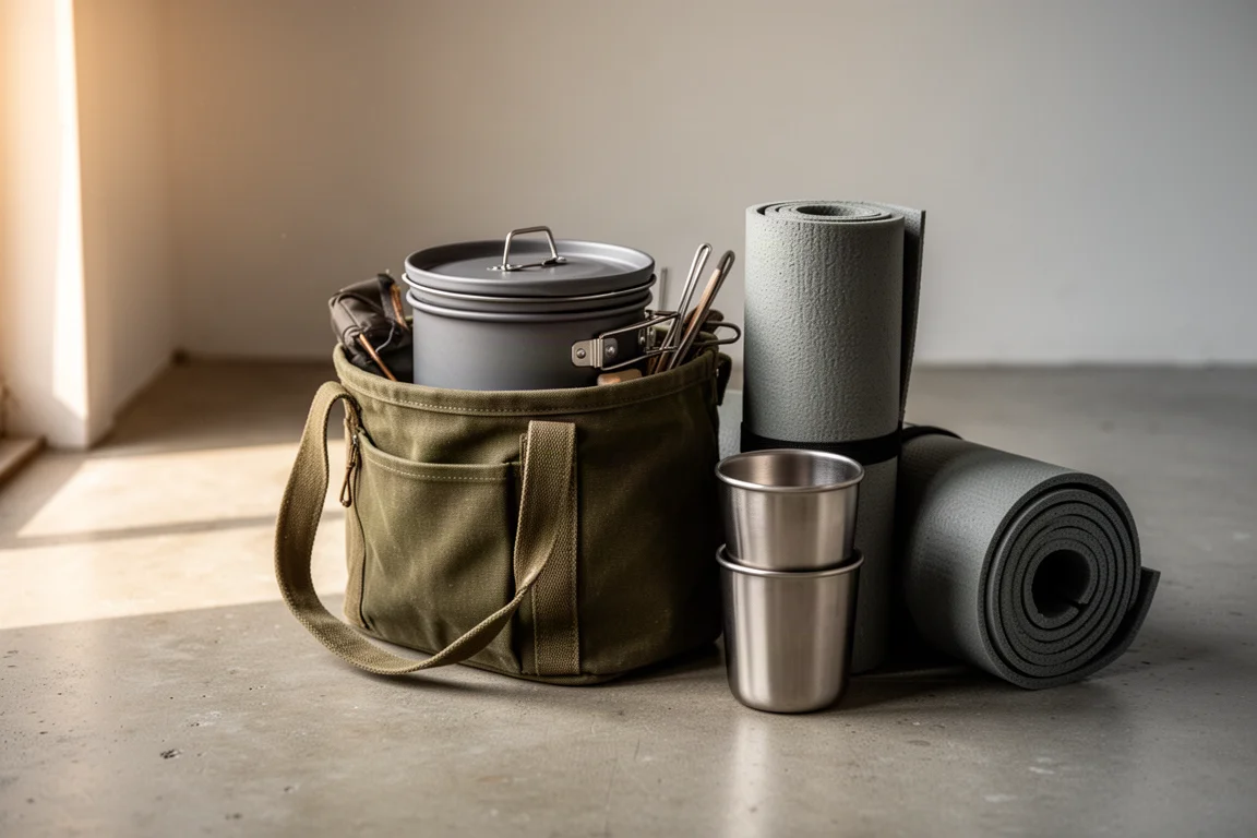 Kit de cocina de camping guardado en un bolso de lona junto a una esterilla enrollada