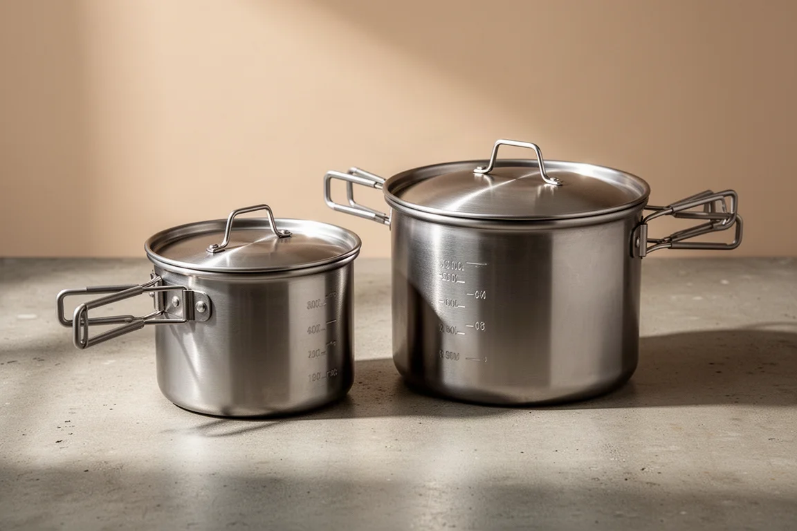 Two stainless steel Stanley camp cook pots with lids and folding handles on a concrete surface