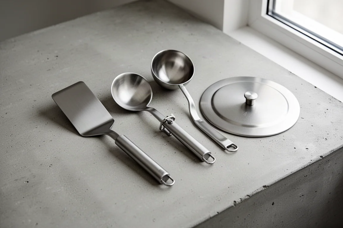 Vista cenital de una cocina de campamento con olla, cuencos con tapa y utensilios sobre madera