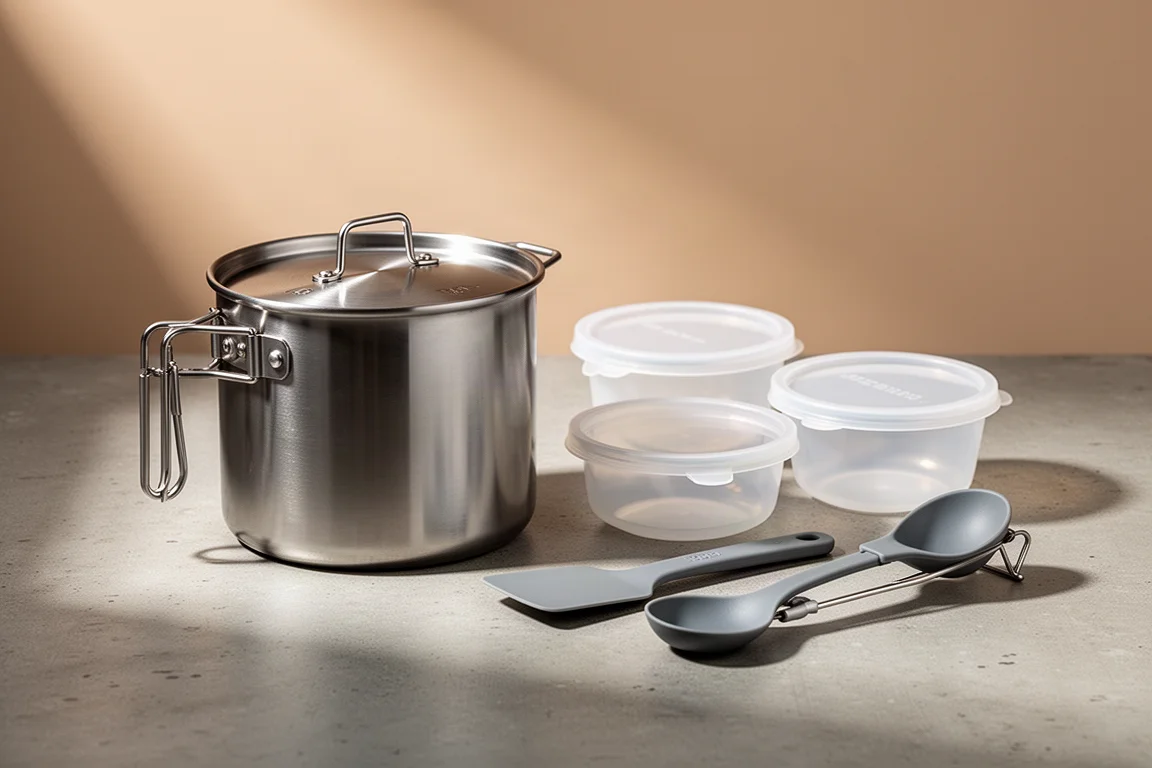 Nesting stainless steel camp cook set stacked with pot, bowls and utensils on concrete