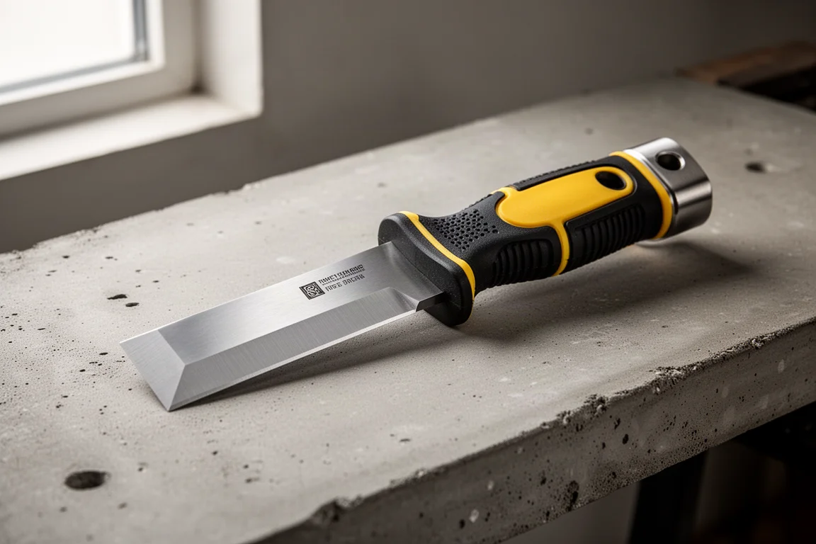 Stanley FatMax chisel knife with rubberized handle and metal striking end cap on concrete