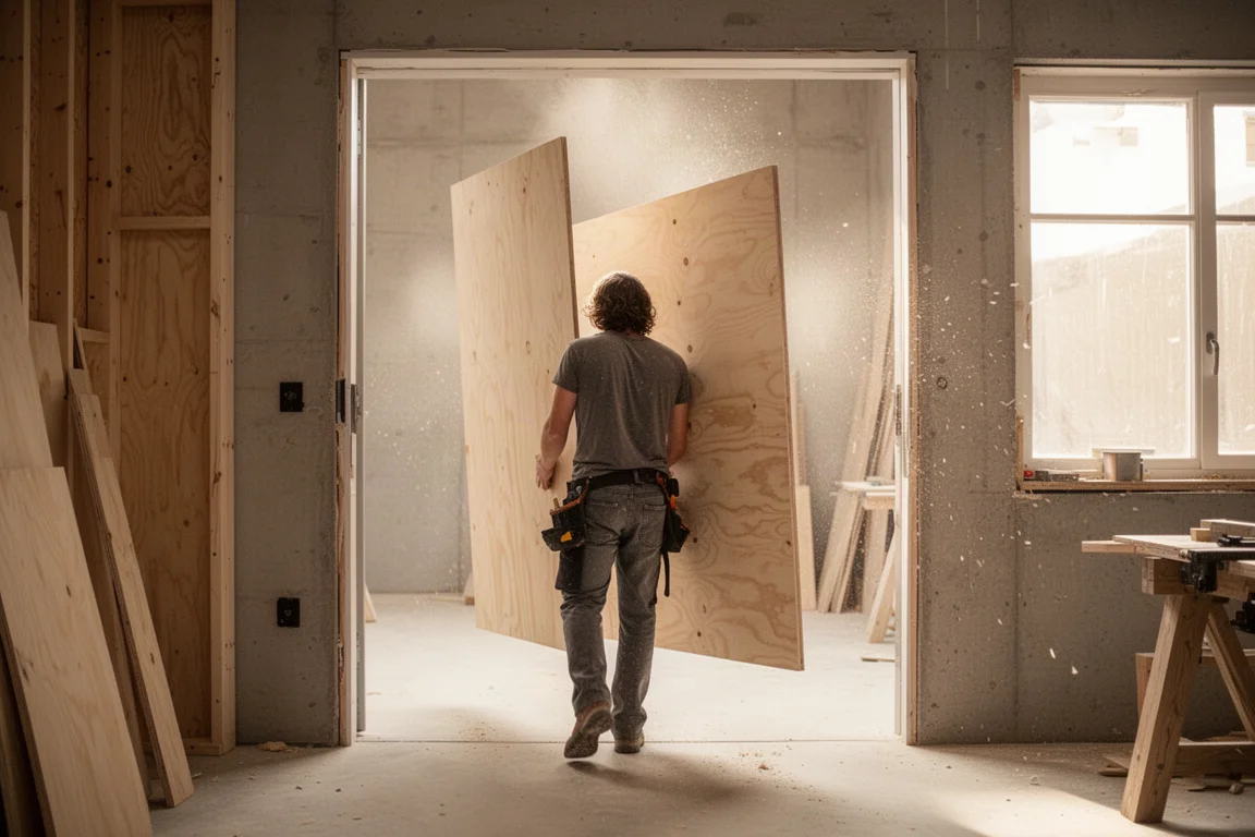 Person carrying a large plywood sheet through a workshop doorway