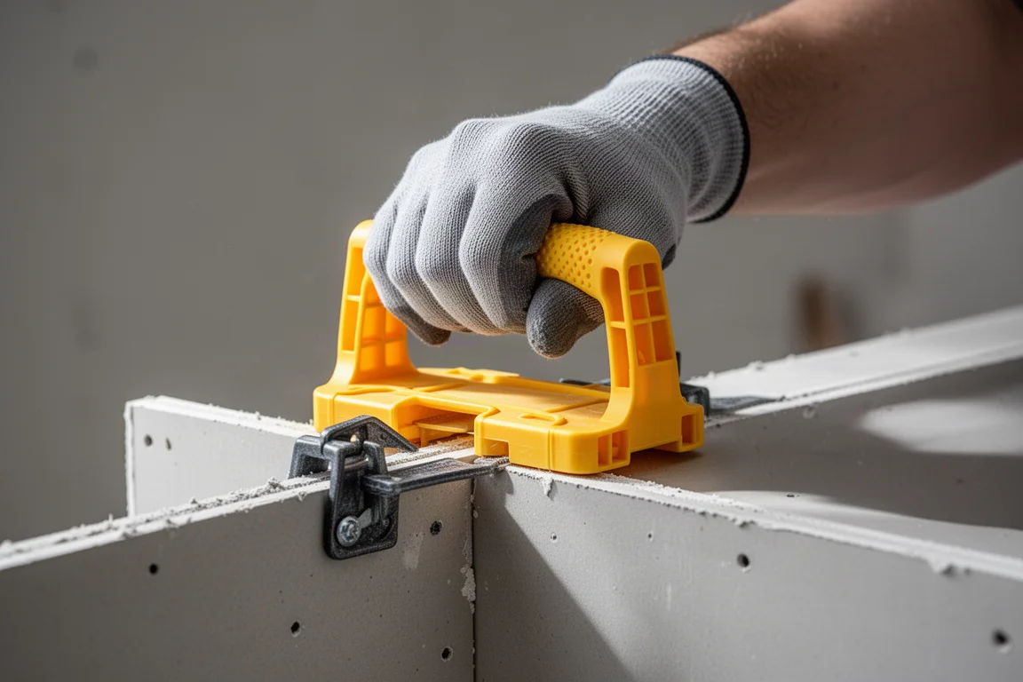 Close-up of a gloved hand gripping a panel carrier handle