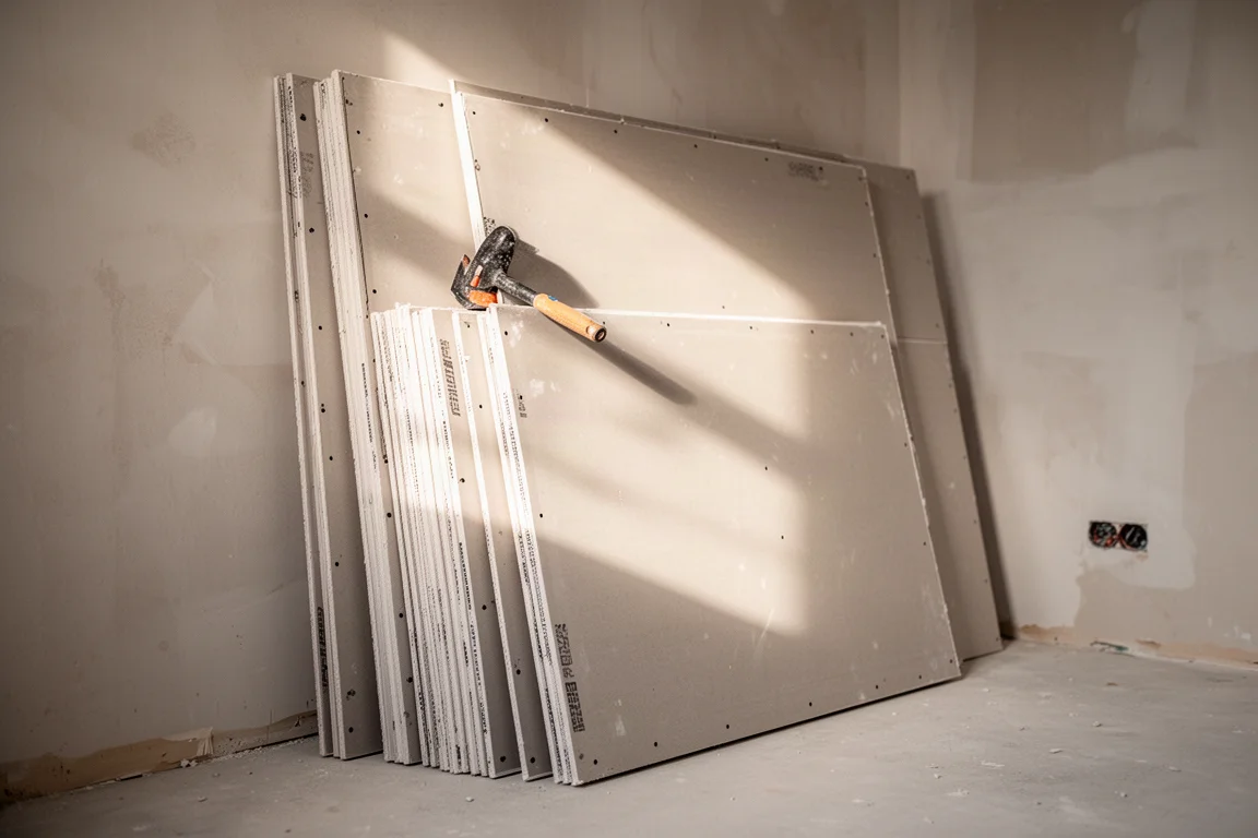 Stack of drywall sheets leaning against a workshop wall
