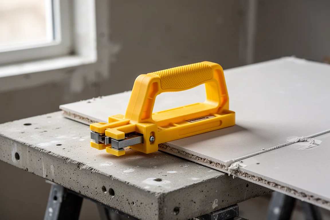 Yellow Stanley panel carrier resting on a workbench next to a drywall sheet