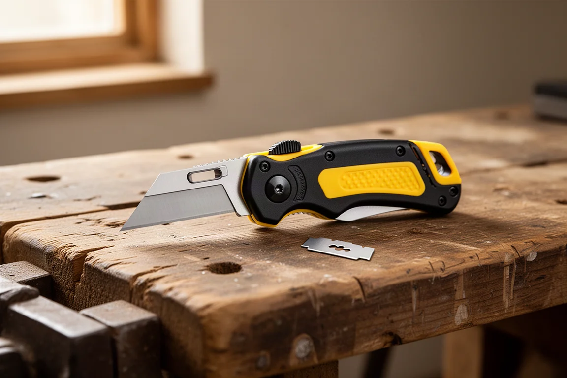 A folding utility knife opened on a wooden workbench next to a spare blade