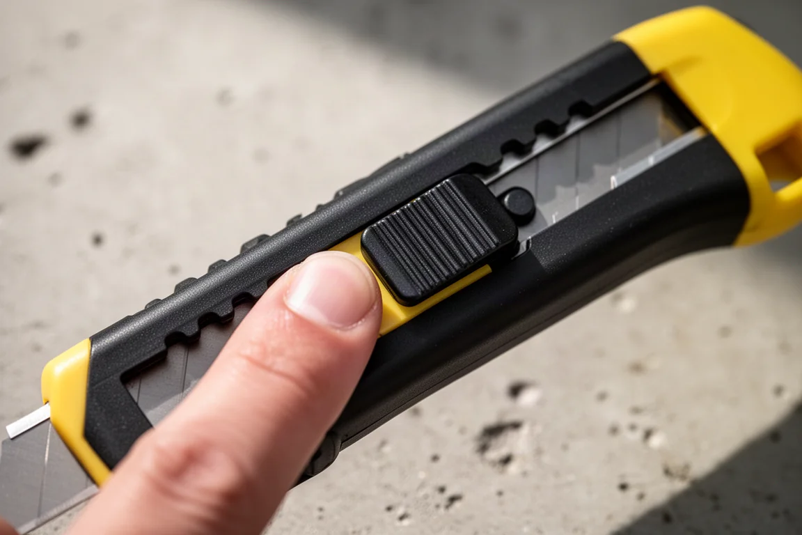Close-up of a utility knife blade release button being pressed by a thumb